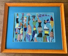 Vintage retro Petite Needlepoint Art Framed abstract people colorful 13.5 X 16.5