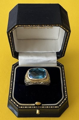 Luxury Signed EFFY Sterling Silver & 18K Gold Sparkling Blue Topaz Size 7 Ring