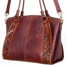 American Darling Tooled Leather Western Tote - Genuine Brown Cowhide Shoulder Ba