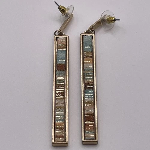 Earrings Vintage Art Deco Style Long Bar Gold Tone Dangle Metal Pierced Jewelry