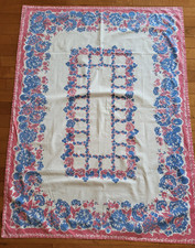 Vintage 1950's 42" x 56" Pink & Blue Floral & Fruit Print Linen Tablecloth
