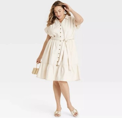 Ava & Viv Women's Short Sleeve Denim Tiered Midi A-Line Dress Cream Size 1X