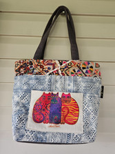 Laurel Burch Feline Cats Cream/Blue Medium Canvas Tote Bag with Front Pocket
