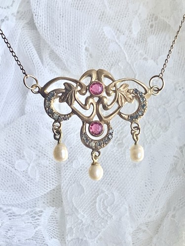 Antique Art Nouveau Mixed Metal Lavalier Necklace With Pearls