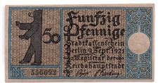 1921 Germany Berlin Notgeld 50 Pfennig Note (3224)