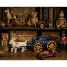 Vintage Cast Iron Goat Express Wagon Toy Blue Yellow White Decorative Antique