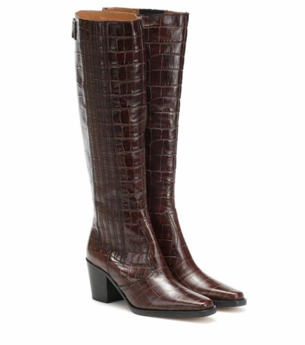 GANNI Ladies Chicory Brown Croc Effect Leather Western Boots EU36 UK3 RRP605 NEW