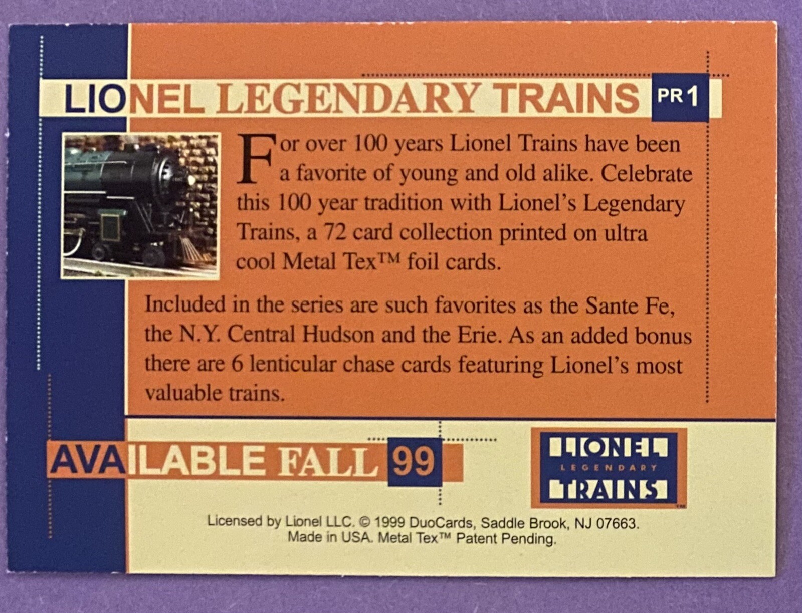 1999 DuoCards Lionel Legendary Trains Centennial Promo #PR1 Foil Card - Picture 2 of 2