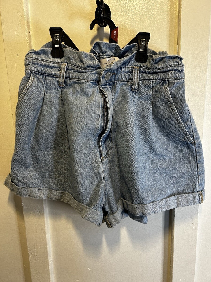 Bershka High Rise Cuffed Denim Mom Shorts Elastic Waistband