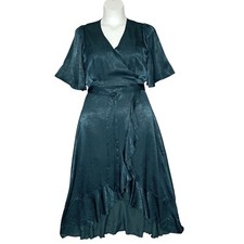 Lulus Dress Womens Medium Green Satin Faux Wrap Midi Party Evening Out Wedding