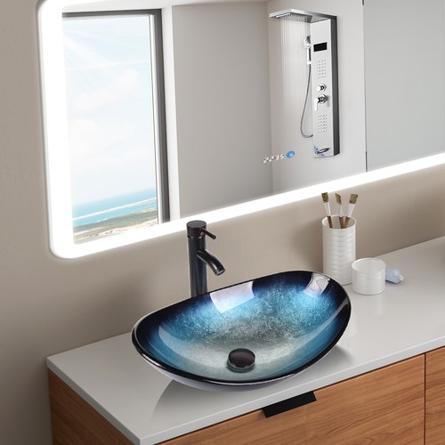 Badezimmer Gefäßspüle Hartglas Waschbecken Schüssel ORB Wasserhahn Pop-up Abfluss Combo Set - Bild 7 von 12