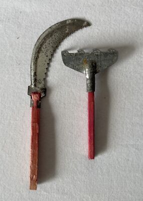Vintage 1950's Dolls House Gardening Tool Accessory RED Garden Rake & Scythe