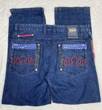 AUTHENTIC CROWN HOLDER BLUE RED COLOR JEANS SIZE 36 X 33 EMBROIDERED RED ACCENTS