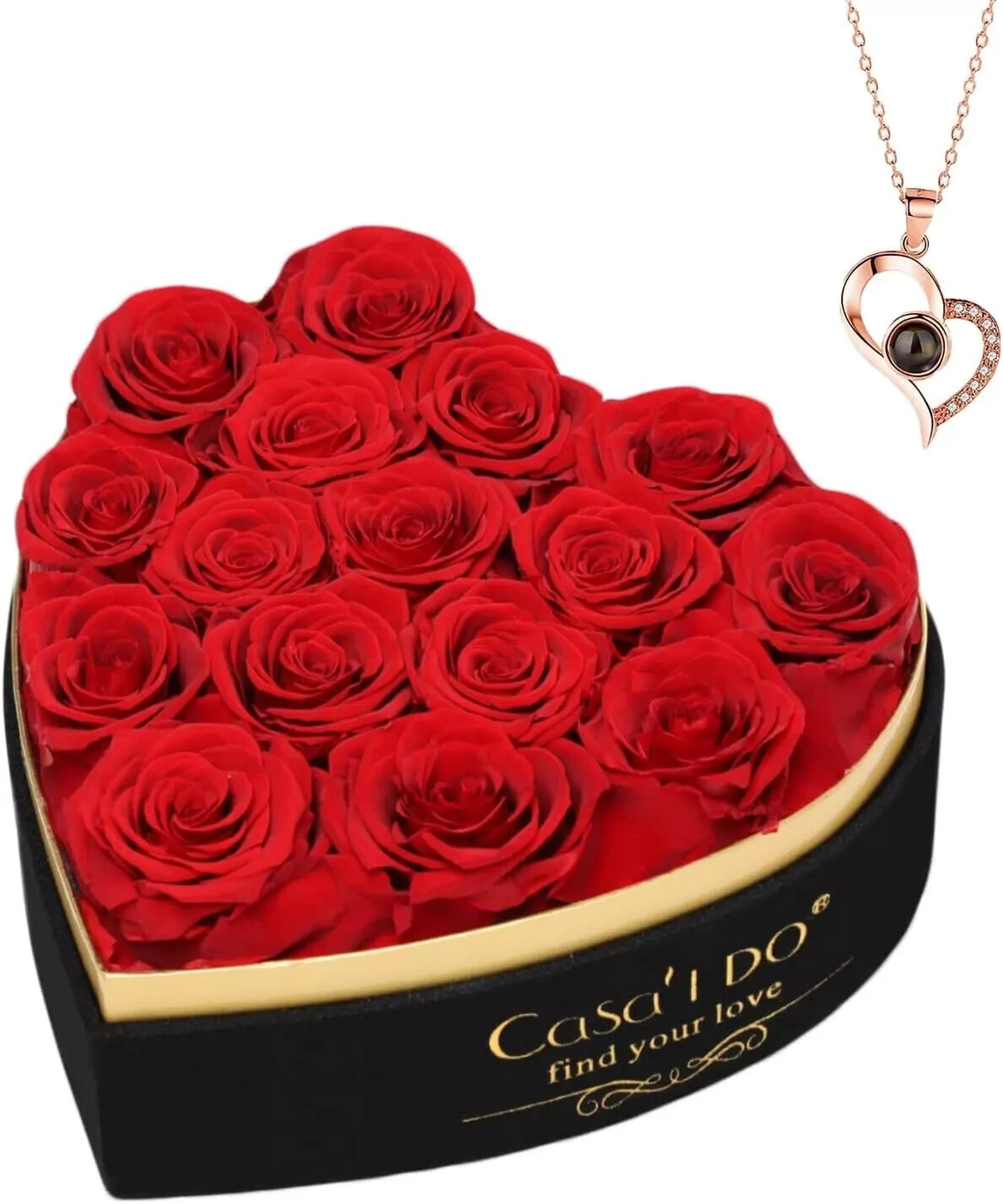 Forever Real Roses 16 Pcs in Heart Shaped Box with Necklace Gift for Her