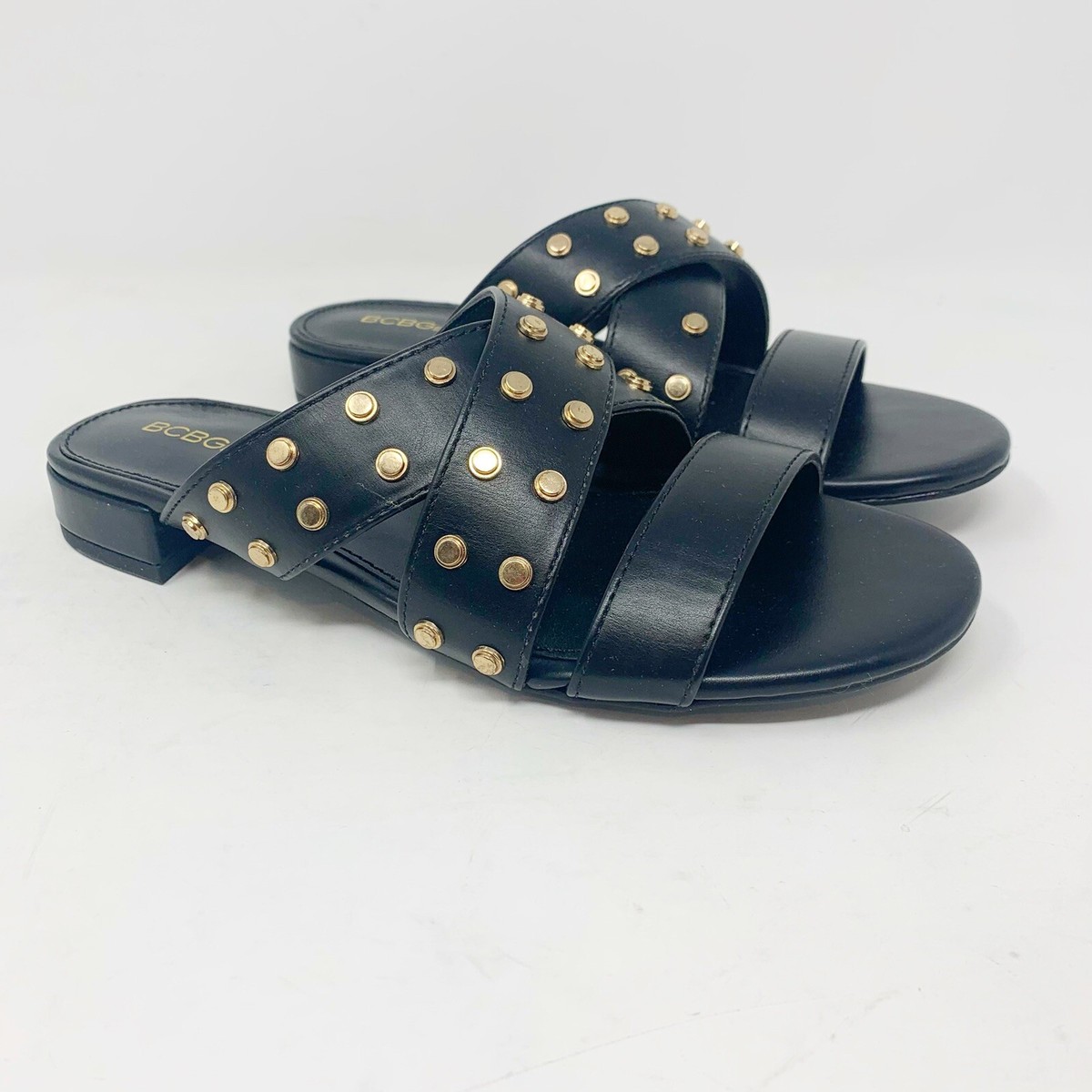 New BCBGeneration Dana Smth Semi Matte Studded Leather Slide Black