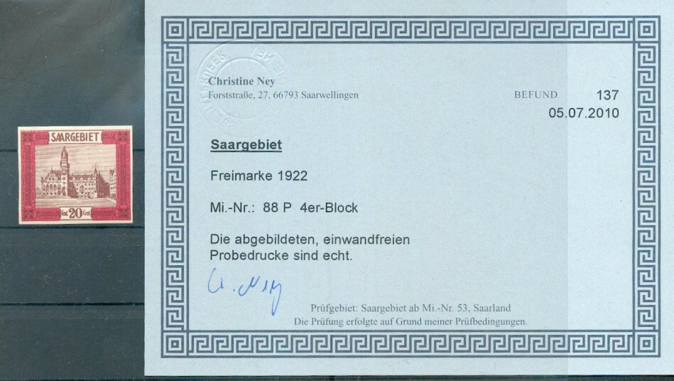 Saar 88P Proof Print Attest Copy ex VB** MNH Mint Never Hinged (70547)