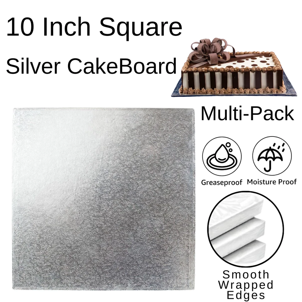 DORIC 10 Inch Square Premium Cake Boards Silver Foil 3mm Double Thick