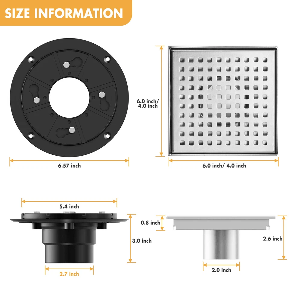 Drenaje de piso de ducha cuadrado MICMI con brida, acero inoxidable 304, níquel cepillado Foto 4 de 4