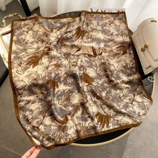 100% Silk 27" Square Scarf Women Neckerchief Wrap Vintage Brown Flower Pattern