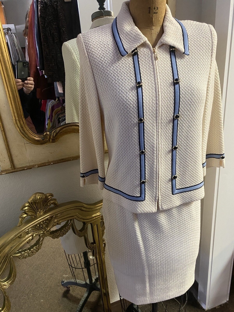 Vintage St John Knit Collection 2 Pc Zip Front White W/Blue Trim