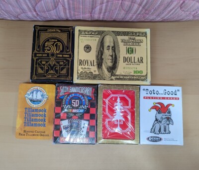 Decks of Playing Cards (6) 100-dollar bills, Nascar, Toto, Stanford Cardinal Etc