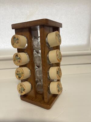VTG HTF International Heartland Spice Rack 16 Glasses Plastic Cap Wood Table Top