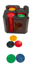 Vin. 1950's Catalin Bakelite Swirl Poker Chips Wood Caddy