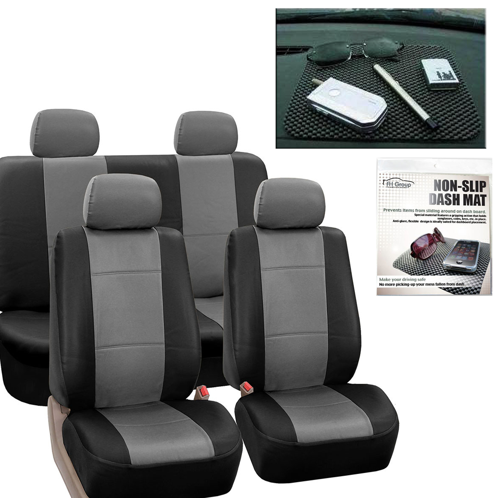Faux Leather Car Seat Covers Gray Black with Head Rests/Dash Grip Pad