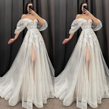 Boho A-Line Wedding Dresses Off Shoulder Side Slit Lace Appliques Bridal Gowns