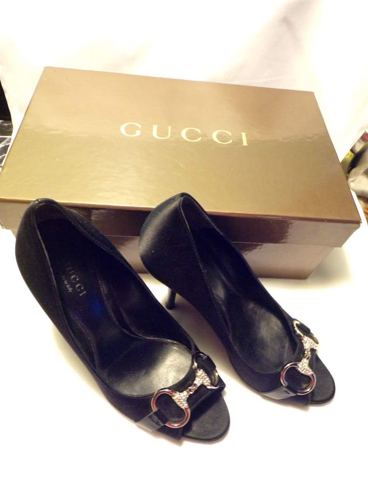 Gucci Black Satin Pumps Rhinestone Horsebit Heels Crystal Shoes Peep