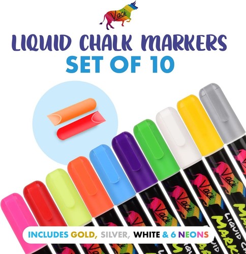 Vaci 10 Liquid Chalk Markers Set, Erasable, Reversible Tip, Multicolor - Picture 2 of 6
