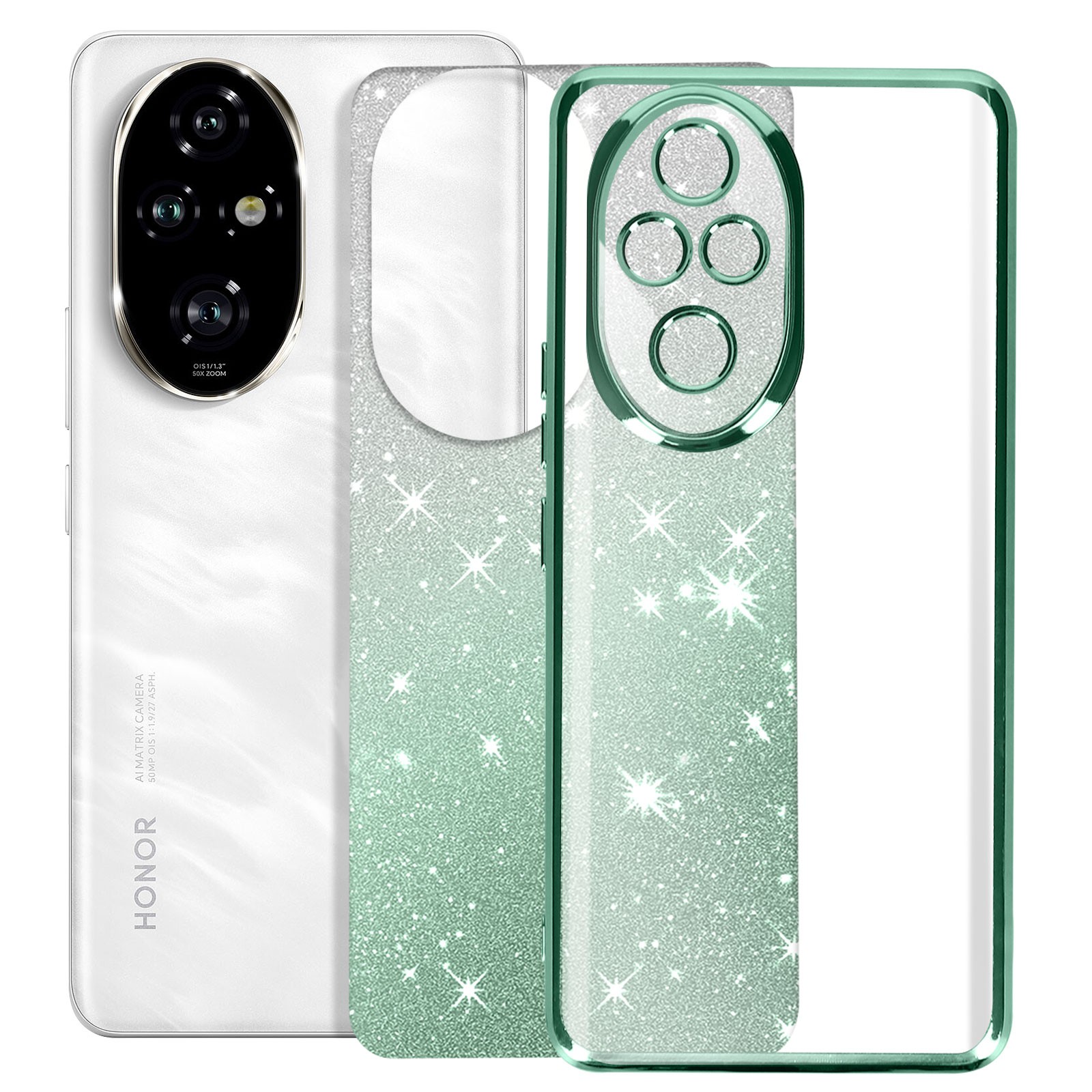 Coque Honor 200 Pro avec protection caméra surélevée et silicone souple pailleté vert