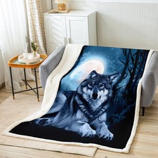 Wolf Sherpa Blanket Wild Animal Pattern Plush Blanket Wolves Wildlife Style F...