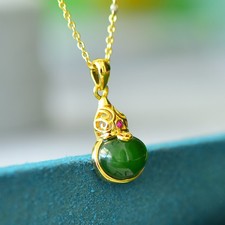 18K Gold Plated Inlaid Hetian GREEN Jade Gourd Pendant Necklaces Gift