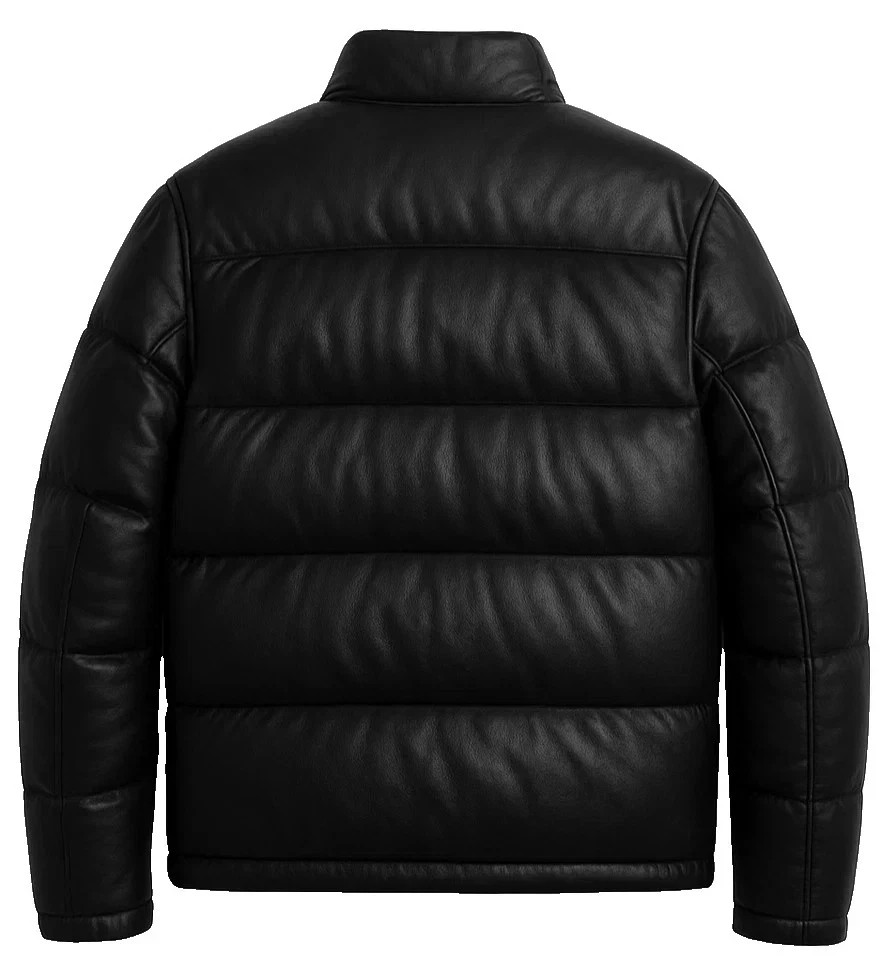 Men's Black Genuine Leather Puffer Jacket Quilted Padded Winter Coat Lambskin - second product detail image