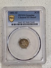 1851-O Three Cent Silver Coin, PCGS Cleaned VF Details