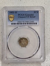 1851-O Three Cent Silver Coin, PCGS Cleaned VF Details