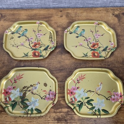 Vtg 4 Elite Trays Made in England Gold Bird Chinoiserie Metal Snack Tray