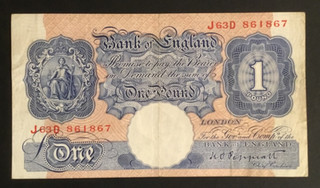 Banknote Of England One Pound Blue And Pink KO. Peppiatt. J63D. Circulated Cond