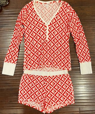 Victoria's Secret Red/White Geometric Knit V-Neck Button Top & Shorts PJ Set M