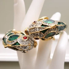 Kenneth Jay Lane bracelet koi fish green enamel red eyes pave crystal signed KJL