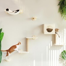 Cat Wall Shelves, 5-Piece Stable Wooden Wall-Mounted Furniture Set, Kitty Cli...