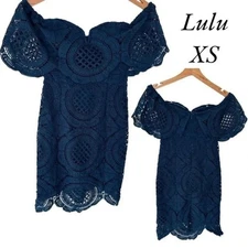 Lulus XS blue crocheted lace off the shoulder cocktail dress