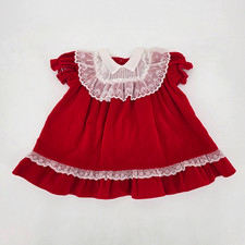 Vintage Red and White Baby Dress Size Large Holiday Velour with Lace Union Made
