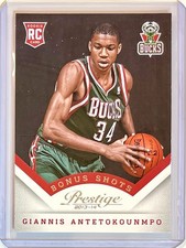 Giannis Antetokounmpo ROOKIE CARD RC 2013-14 Prestige SILVER BONUS SHOTS SSP. rookie card picture