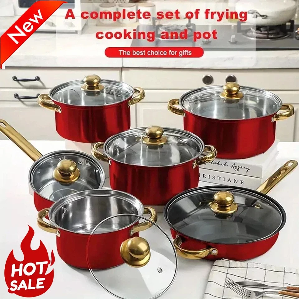 12 Piece Cookware Set Nonstick Pots and Pans Home Kitchen Cooking Non Stick, Red