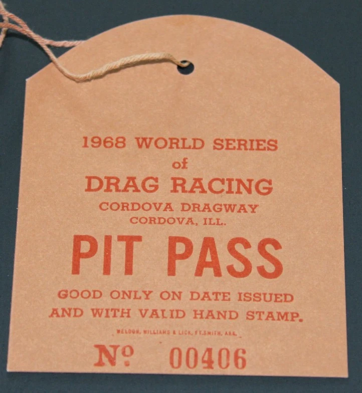 Raro 1968 Drag Race Pit Pass! Boleto Serie Mundial de Drag Racing Cordova Dragway Foto 4 de 4