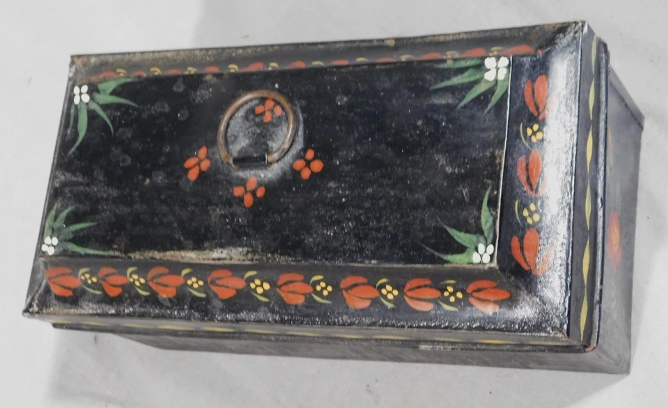 Antique tole hand painted box jewelry tin trinket floral foliage 19th c document - Image 4 of 4