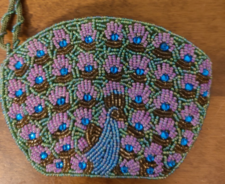 Bolsa de moedas com miçangas pesadas pavão desenhos de jade estilo vintage - Imagem 3 de 4