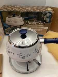 Vintage MC Cottage Crowning Touch Fondue Set, Blue Garland Pattern Original NOS